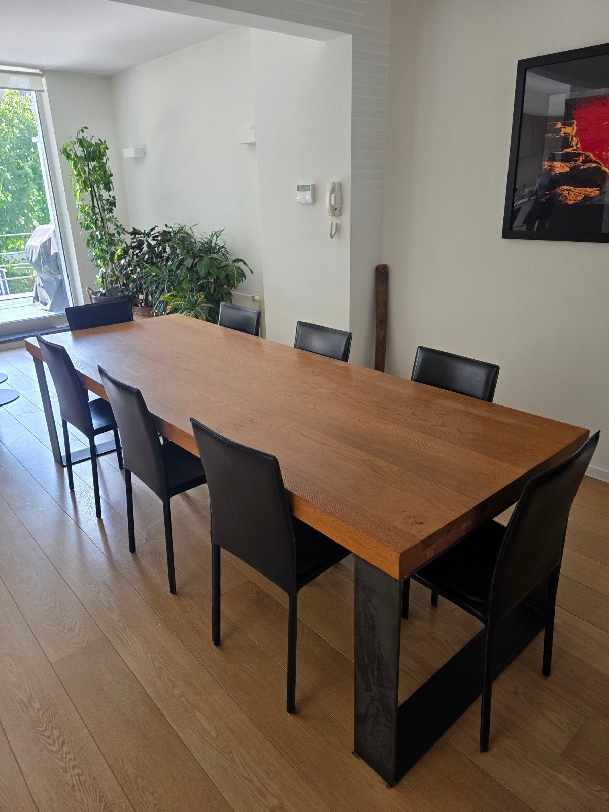 Grote design eettafel woonkamer – met 8 stoelen, Huis en Inrichting, Ophalen, Gebruikt, Eikenhout, 200 cm of meer