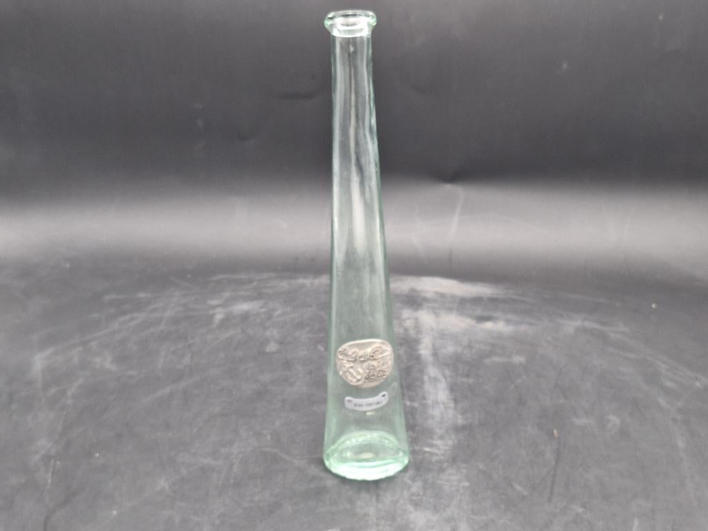 oude glazen fles met tinnen plaatje, jaren 80, Antiek en Kunst, Ophalen of Verzenden