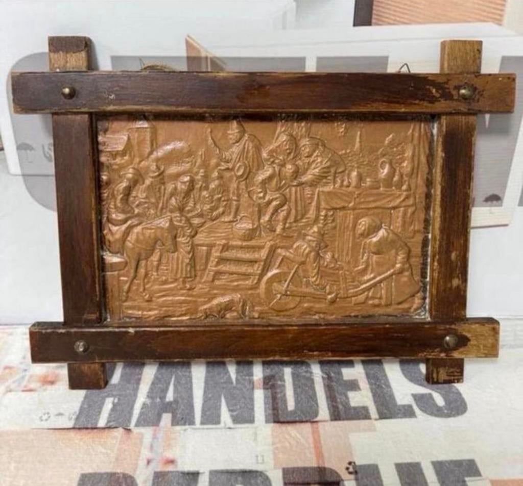 Antiek 1920-1930 ingelijst koperen reliëf kunst boerderij, Antiek en Kunst, Ophalen of Verzenden