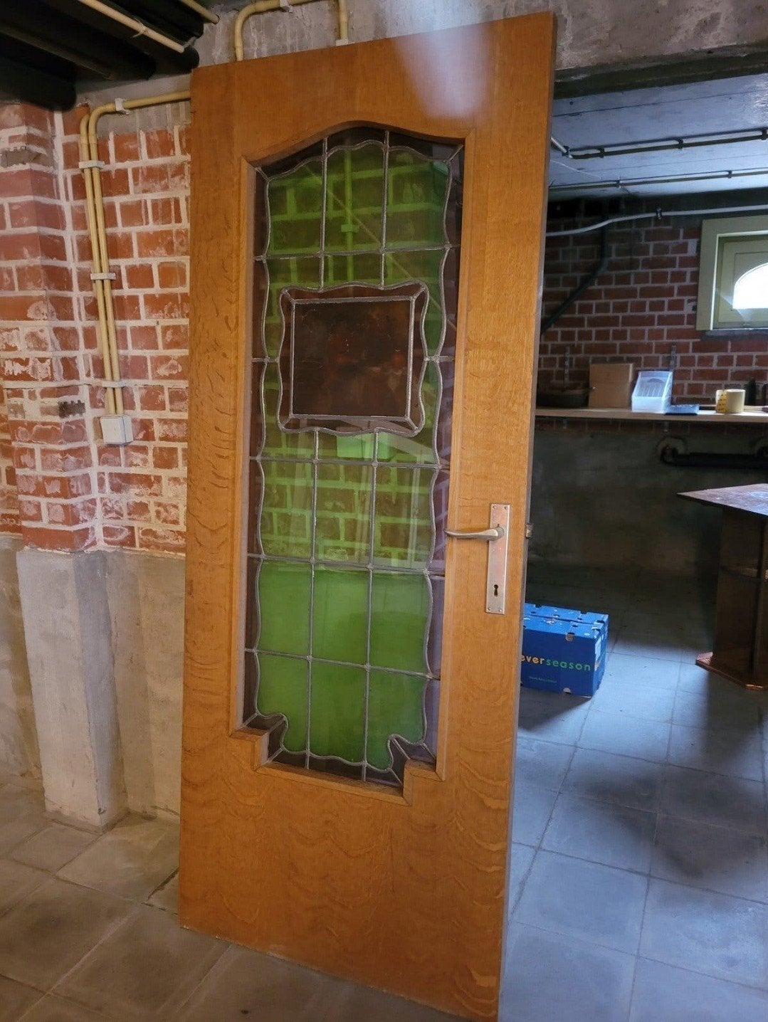 Houten deur met glas-in-lood – vintage, lichte glasschade, Enlèvement