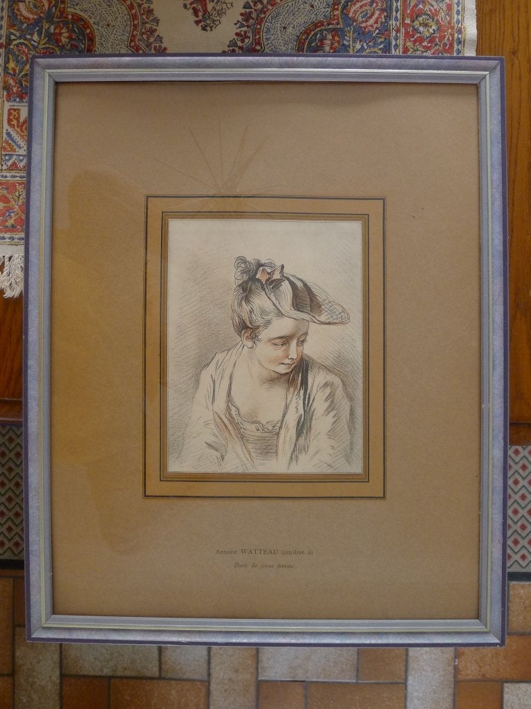 Gravure DEMARTEAU "Jeune fille au Chapeau plat " Watteau, Enlèvement ou Envoi, Portrait, Gravure, Encadré