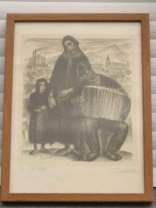 Lithographie famille du mineur signe Anto carte, Antiquités & Art, Enlèvement ou Envoi, Lithographie