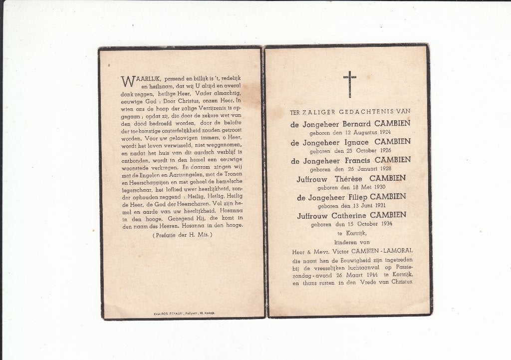Slachtoffer WO II - luchtaanval Kortrijk 1944, Verzamelen, Bidprentjes en Rouwkaarten, Verzenden, Bidprentje