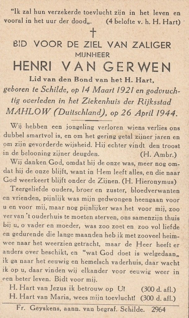 Oorlogslachtoffer Henri Van Gerwen Mahlow concentratiekamp, Verzamelen, Ophalen of Verzenden