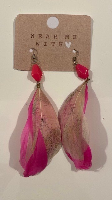 Oorbellen met fuchsia veren, Bijoux, Sacs & Beauté, Enlèvement ou Envoi, Neuf, Rose, Pendantes