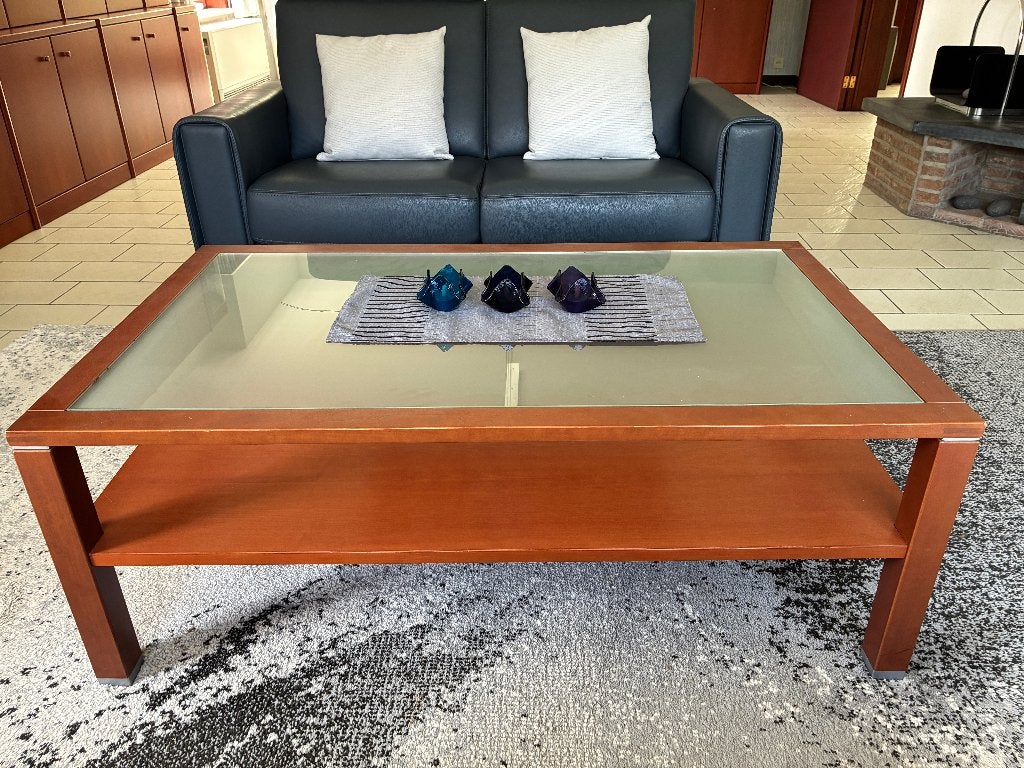 Moderne salontafel glas + hout - zeer goede staat, Ophalen, Glas, Gebruikt, 100 tot 150 cm