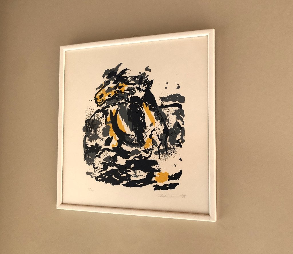 Witte kader met glas en kunstwerk van een paard. 40H/38,5Br, Abstrait, Sous verre, Autres matériaux, Enlèvement