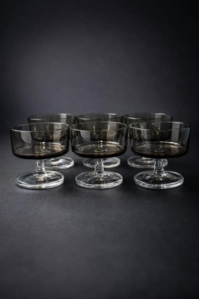 Zes vintage Fina reclameglazen van rookglas., Verzamelen, Glas en Drinkglazen, Zo goed als nieuw, Ophalen