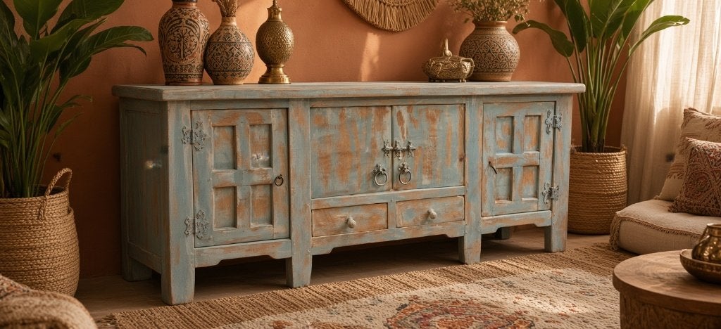 Robuust verweerd India / Ibiza stijl koloniaal dressoir, Met lade(s), Eikenhout, Ophalen of Verzenden, Zo goed als nieuw