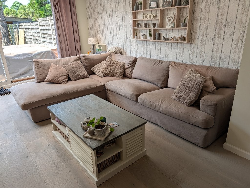 hoeksalon met longchair, kleur taupe, Ophalen, Gebruikt, Hoekbank, 300 cm of meer