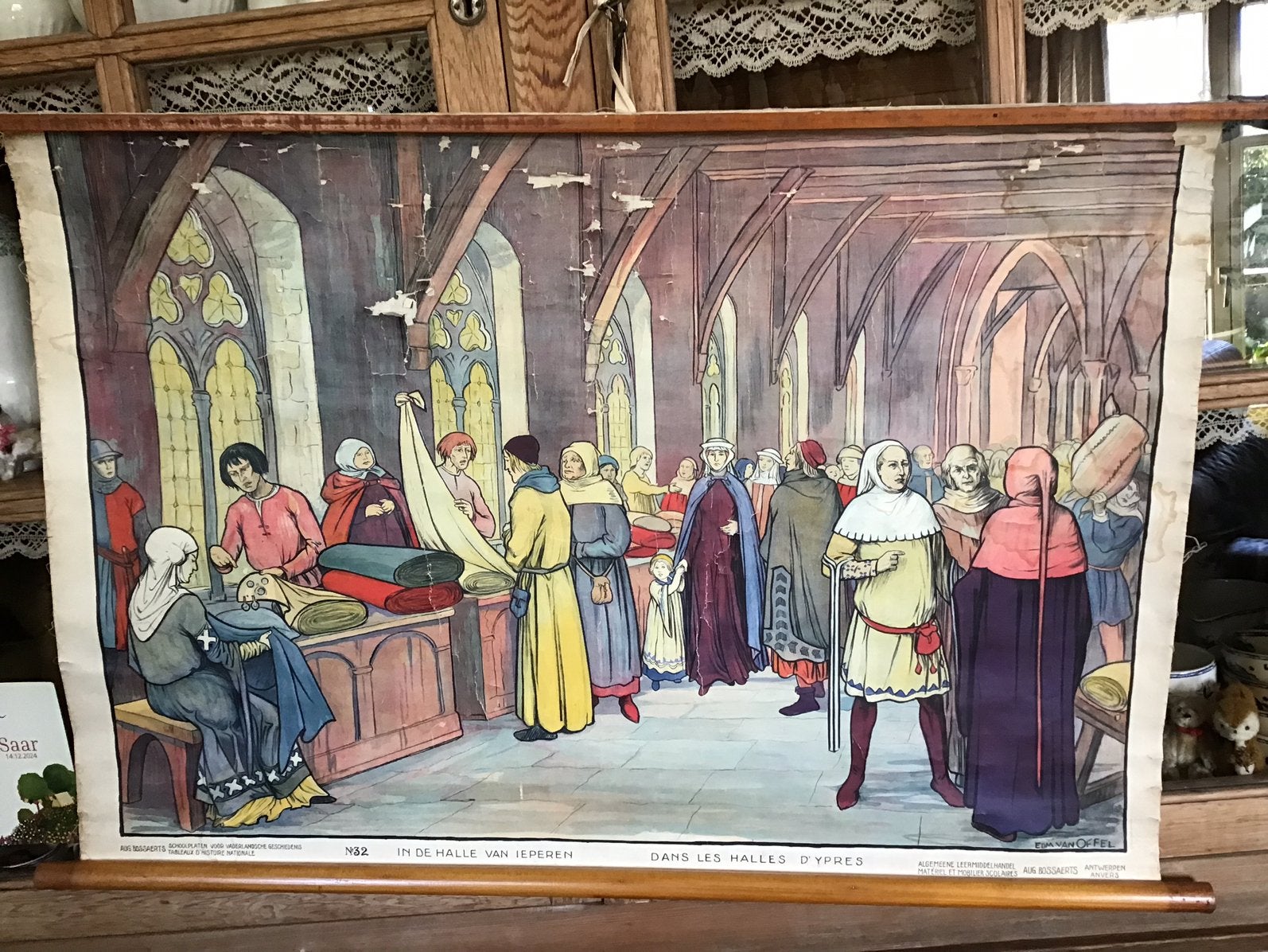 Oude schoolplaat Handel  lakenhallen Ieper Edmond van Offel, Antiquités & Art, Enlèvement ou Envoi, Toile