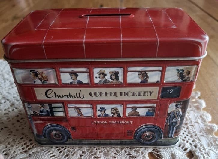 Engelse Churchill's spaarpot blikje, rode dubbeldekker bus, Verzamelen, Gebruikt, -, -, Vervoermiddel
