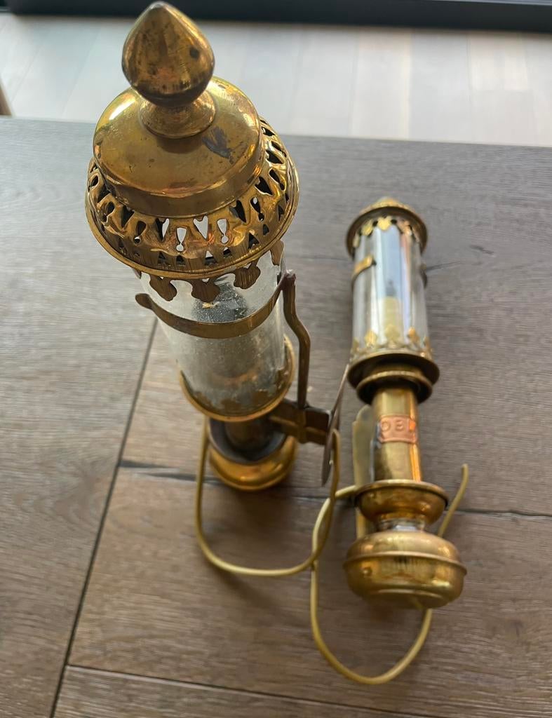 Antiek / vintage wagonlampen in koper / 2 stuks, Ophalen, Gebruikt, Glas, Koper