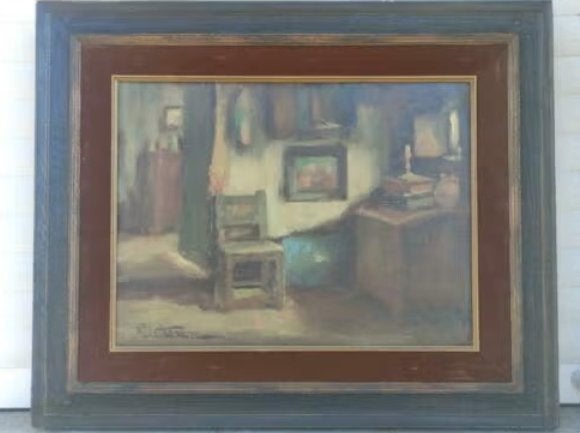huile sur toile interieur signe richard leon leutenez, Antiquités & Art, Enlèvement ou Envoi, Toile