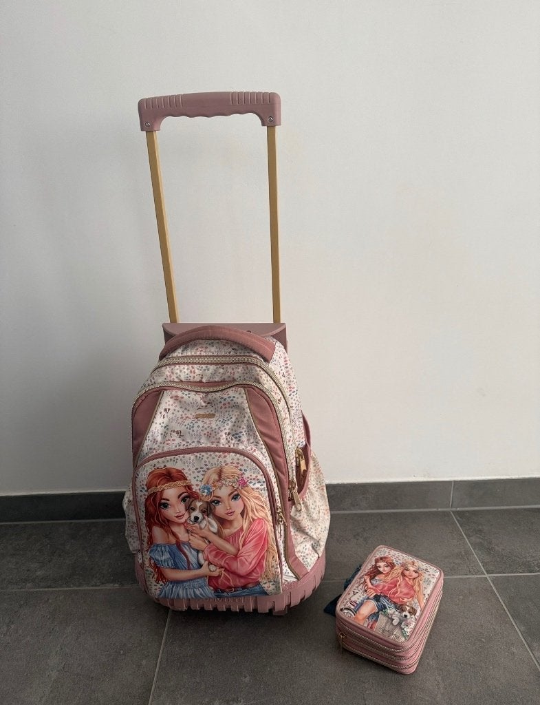 Topmodel boekentas met wieltjes en bijpassende pennenzak, Enlèvement, Comme neuf, Rose, Porte-documents ou Cartable