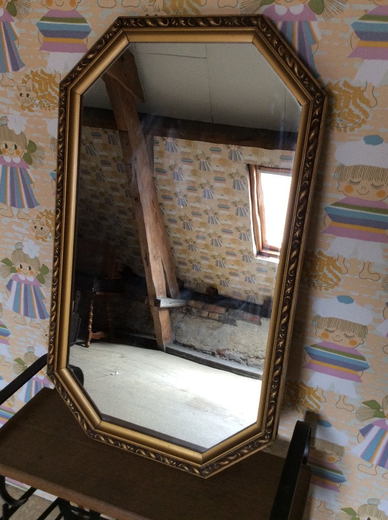 Vintage achthoekige wandspiegel met goudkleurige sierlijst, Enlèvement, Autres formes, Moins de 50 cm, Moins de 100 cm