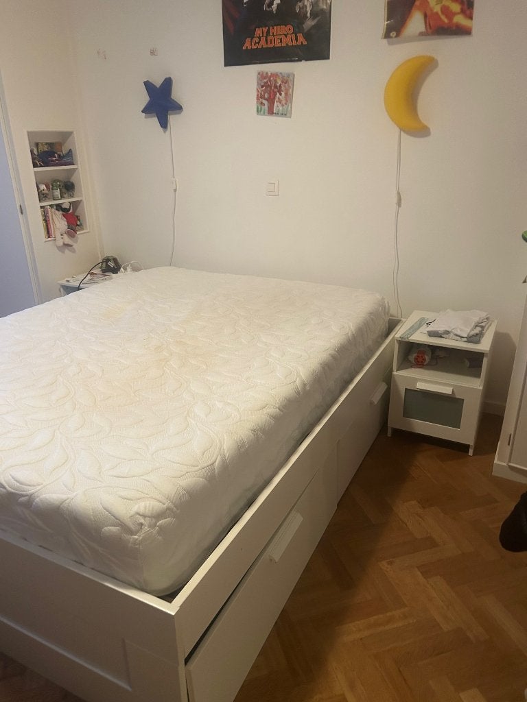 lit ikea 150*200 cm avec rangement et tables de nuit, Enlèvement, Utilisé, Blanc, Deux personnes