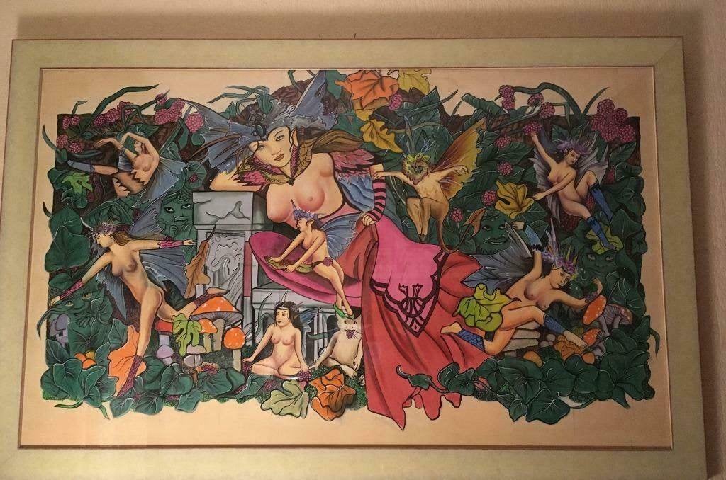 Schilderijop zijde., Ophalen, Vintage, Achter glas, Overige onderwerpen