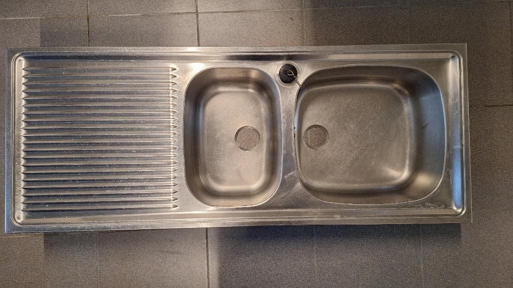 Evier Inox 2 Bacs + mitigeur, Enlèvement, Utilisé, 25 à 50 cm, 100 à 150 cm