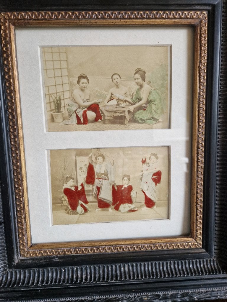 Antieke Japanse albumine studiefoto--geisha's in paviljoen, Antiek en Kunst, Kunst | Tekeningen en Fotografie, Ophalen of Verzenden