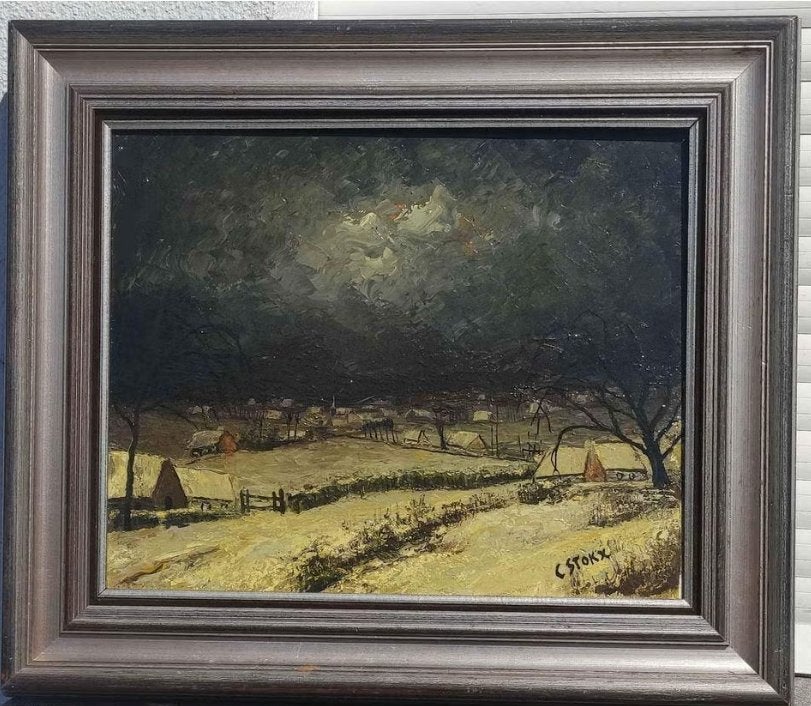 Huile sur toile paysage enneigé signe c stokx, Antiek en Kunst, Kunst | Schilderijen | Klassiek, Landschap, Doek, Ophalen of Verzenden