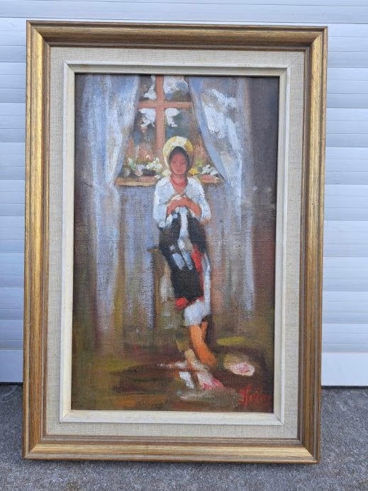 huile sur panneau femme signe, Antiquités & Art, Enlèvement ou Envoi, Panneau