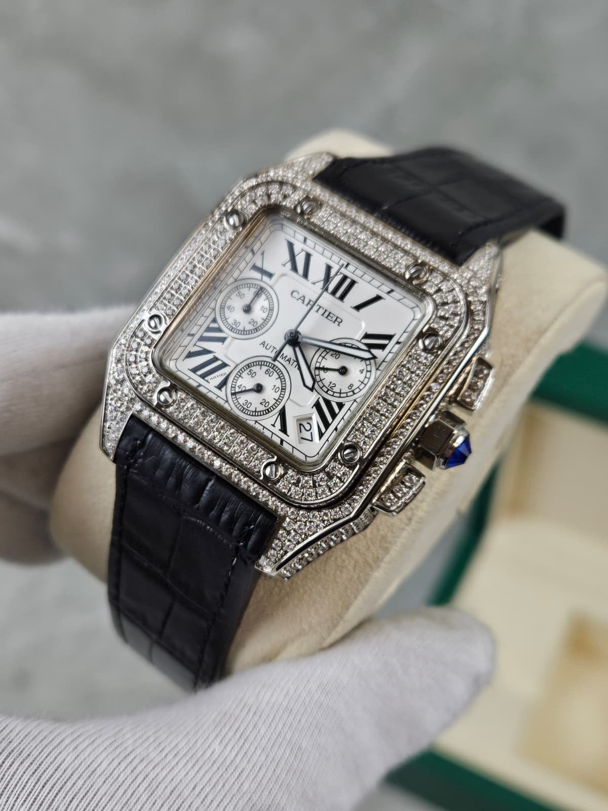 Te koop Cartier Santos 100 Chronograaf Diamond, Handtassen en Accessoires, Horloges | Heren, Zo goed als nieuw, Ophalen of Verzenden