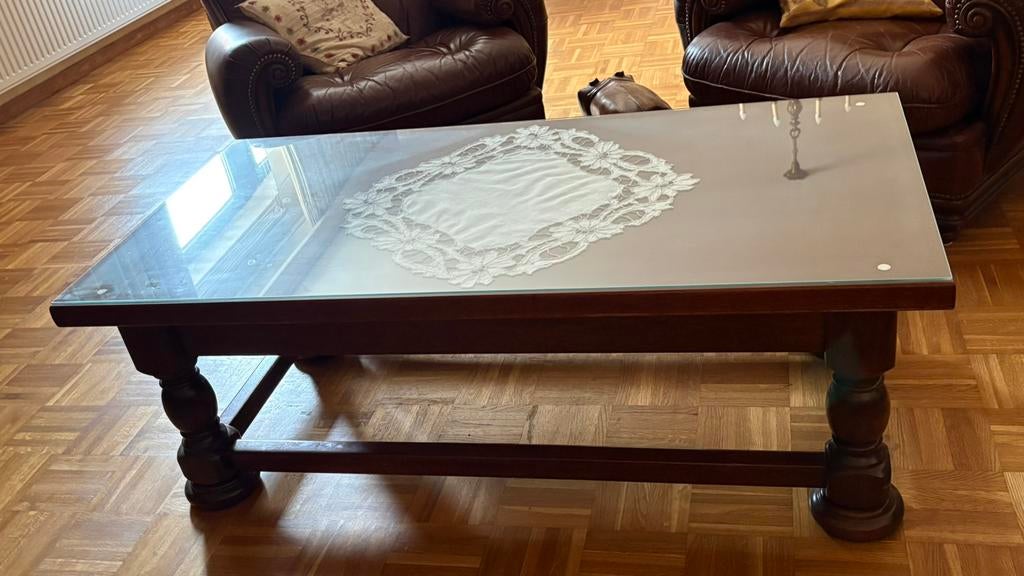 Houten salontafel met glazen blad., Huis en Inrichting, Tafels | Salontafels, Ophalen, Gebruikt, 100 tot 150 cm, 50 tot 100 cm