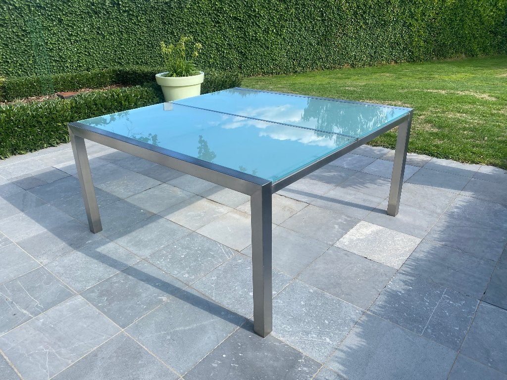 Stijlvolle RVS/Inox design tuintafel 150 x 150 cm – glas, Jardin & Terrasse, Enlèvement, Comme neuf, Carré, Inox