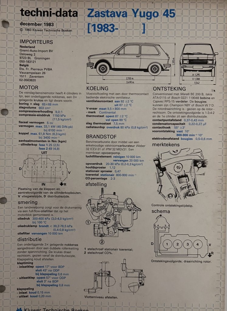 Zastava Yugo  Techni-Data  € 5,-, Ophalen, Gelezen