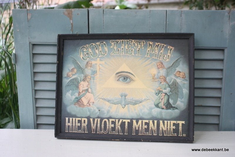 Retro vintage antieke oude kader lijst hier vloekt men niet., Collections, Enlèvement ou Envoi