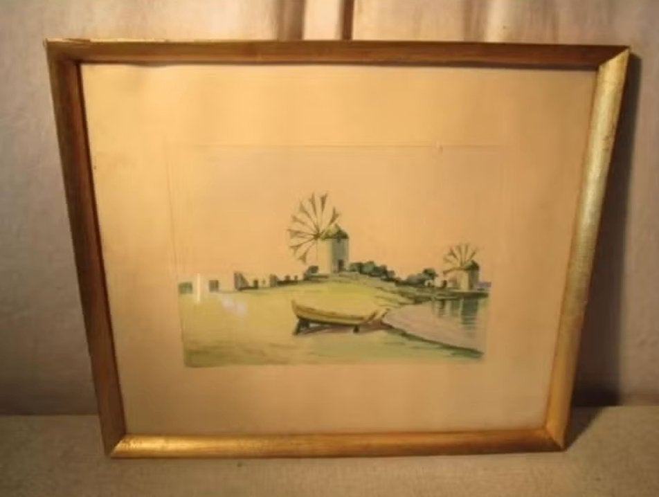 Mooi Geschilderd Aquarel 'Windmolens bij de Zee' - gesign., Antiek en Kunst, Gesigneerd, Ophalen of Verzenden, Landschap, Aquarel