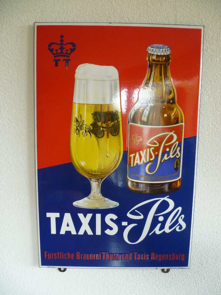 EMAILLE RECLAMEBORD"TAXIS-PILS"UIT JAREN 50, Verzamelen, Ophalen of Verzenden, Zo goed als nieuw, Reclamebord