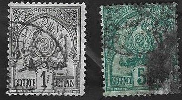 2 Postzegels Tunesië 1888 Regentschapswapen, Postzegels en Munten, Ophalen of Verzenden, Tunesië, Gestempeld