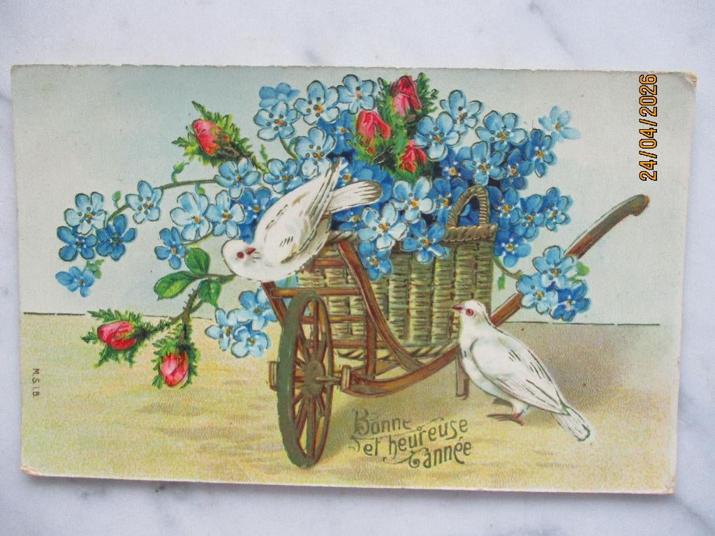 nieuwjaar kar bloemen in mand duiven 1910, Verzenden, Voor 1920, Gelopen, Feest(dag)