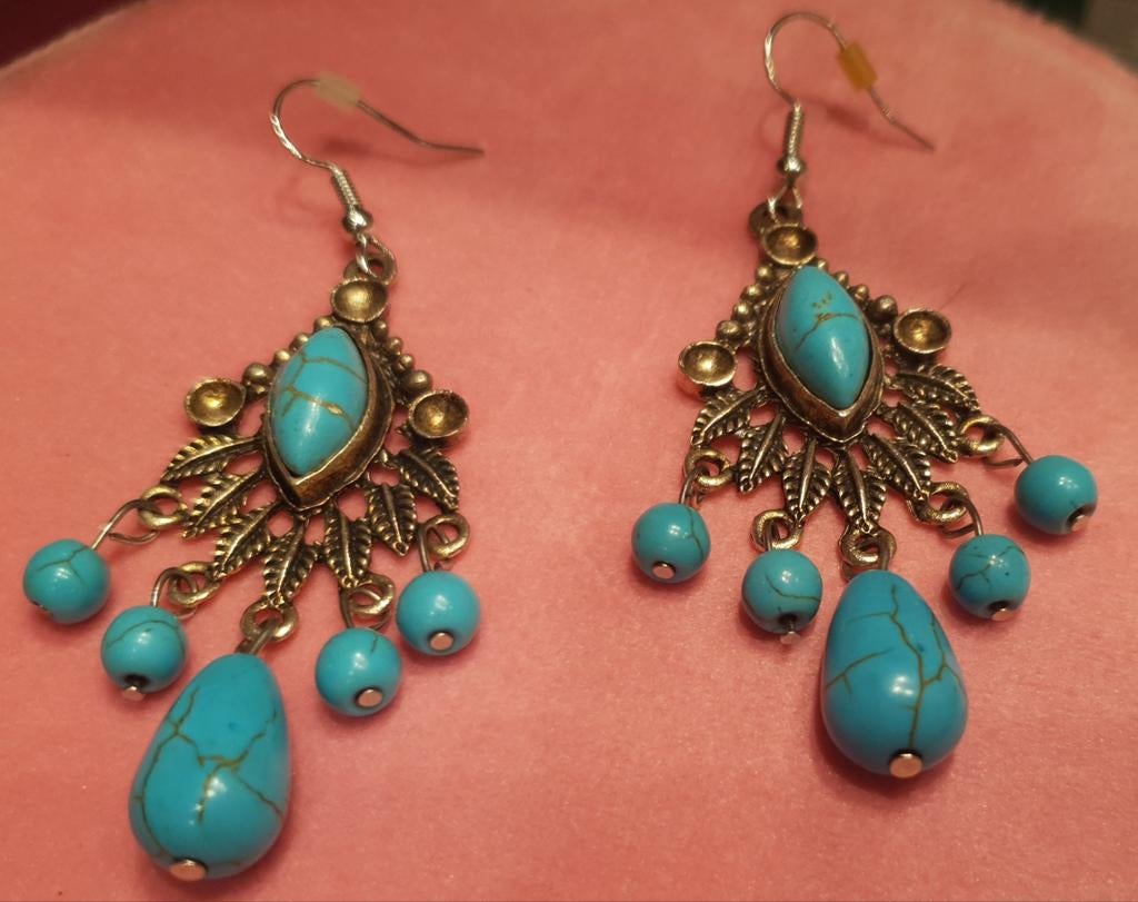 Bohemian Turquoise Oorbellen - Zilverkleur, Handtassen en Accessoires, Oorbellen, Overige materialen, Hangers, Ophalen of Verzenden