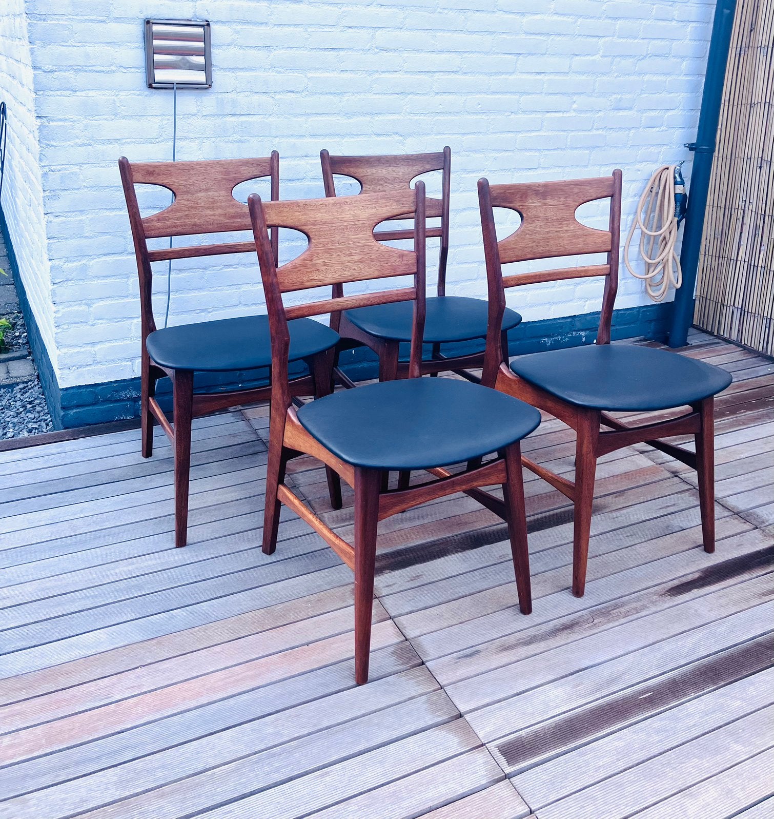 Vier Deense vintage eetkamerstoelen teak, Maison & Meubles, Chaises, Vintage, Bois, Comme neuf, Enlèvement