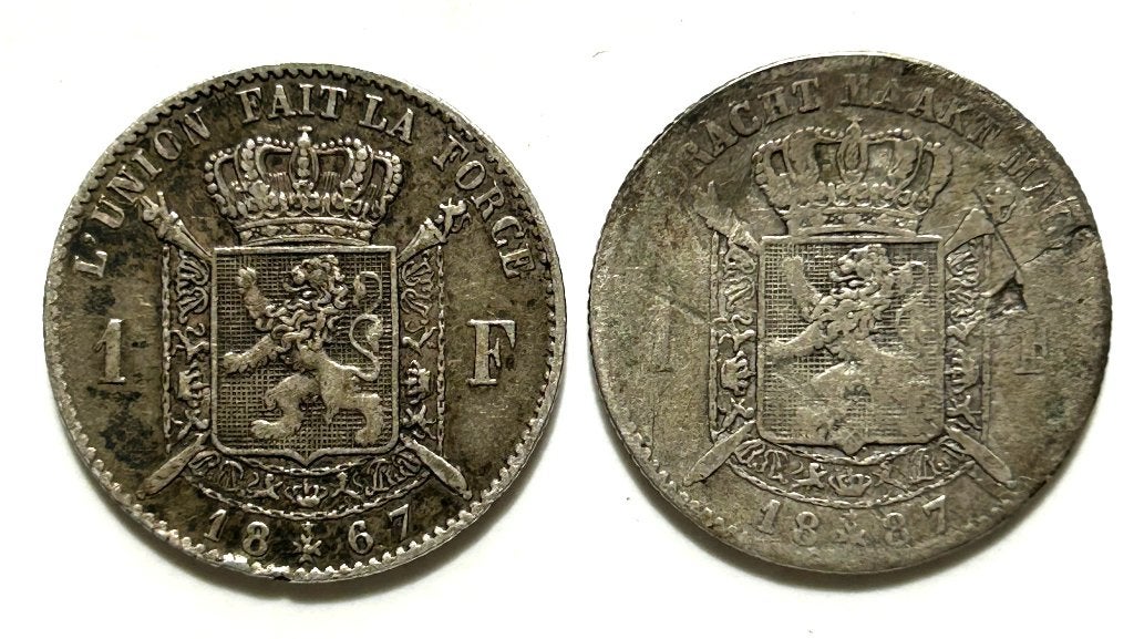 Belgique, 1 franc 1867 et 1 franc 1887, Enlèvement ou Envoi, Monnaie en vrac, Argent, Argent