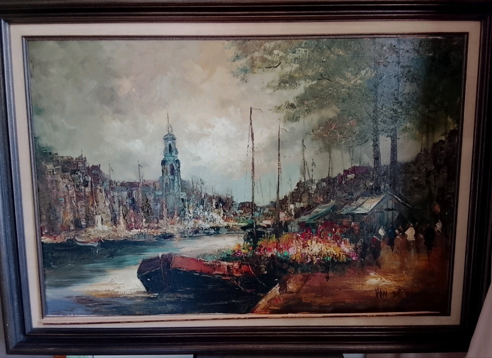 Schilderij van de Bloemenmarkt aan het Singel in Amsterdam,, Antiek en Kunst, Kunst | Schilderijen | Klassiek, Ophalen