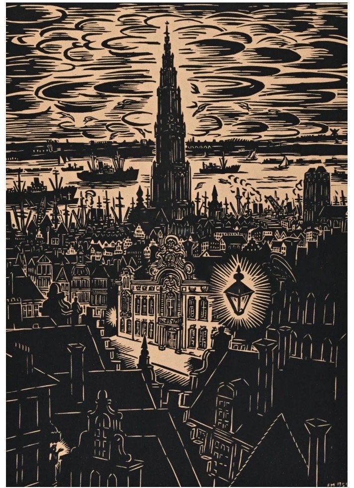 Frans masereel houtsnede, Antiquités & Art, Art | Peinture | Classique, Autres techniques, Encadré, Enlèvement, Paysage urbain / rural