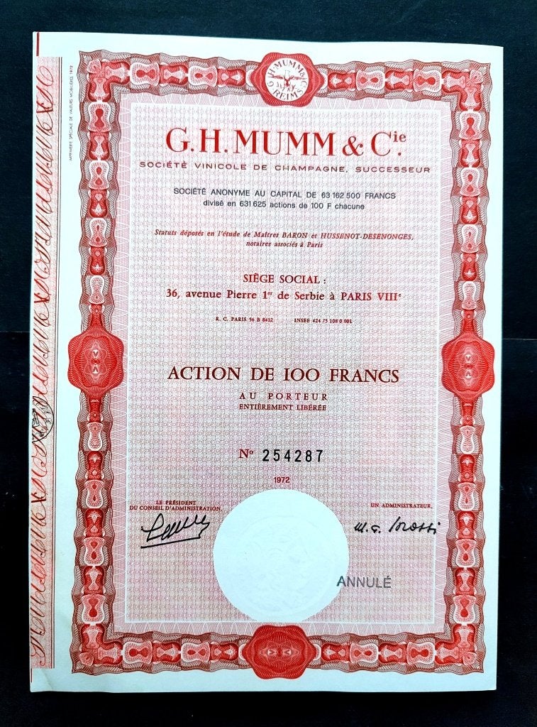 G.H.MUMM & Cie (Champagne) 1972, Postzegels en Munten, Ophalen of Verzenden, 1970 tot heden, Aandeel