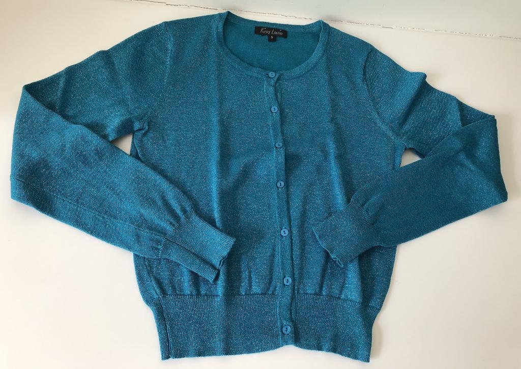 Lichte cardigan blauwgroen met glinster King Louie, Kleding | Dames, Blauw, Ophalen of Verzenden, Zo goed als nieuw, King Louie