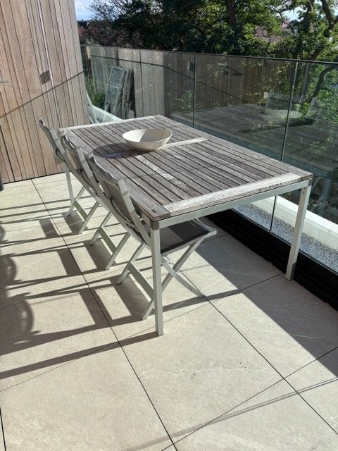 Tafel in teak en aluminium en 6 stoelen, Ophalen, Gebruikt, 6 zitplaatsen, Aluminium