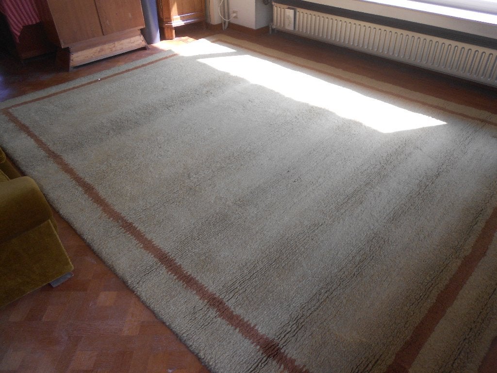 Smyrna tapijt 4m x 3m, Huis en Inrichting, Stoffering | Tapijten en Vloerkleden, Ophalen, Gebruikt, 200 cm of meer, Handgeknoopt, beige met rode lijn