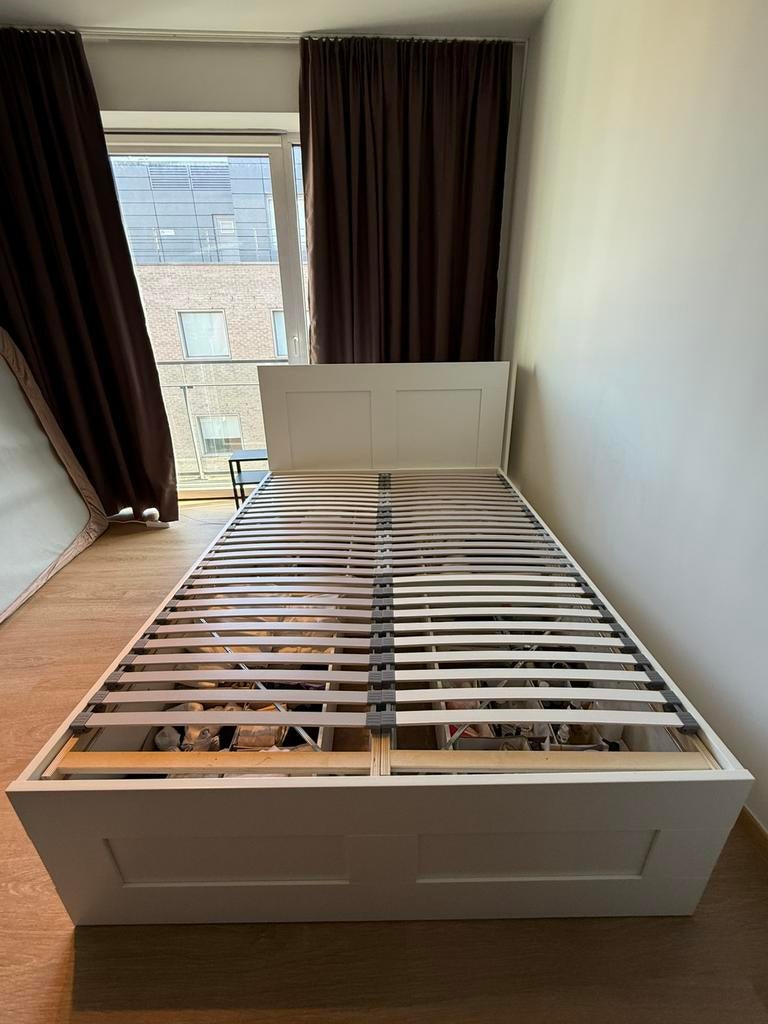 Ikea Brimnes bed + lattenbodem+ hoofdeinde (wit), Huis en Inrichting, Ophalen, Zo goed als nieuw, Wit