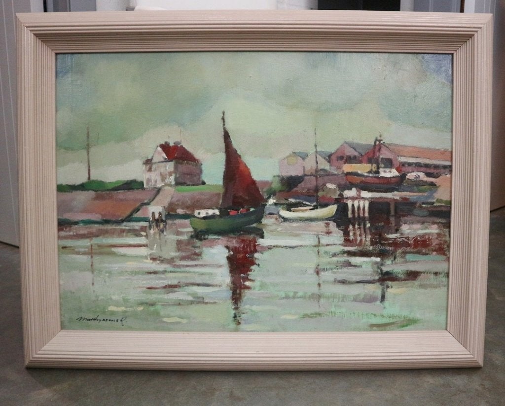 Renaat MATTHYSSENS, havengezicht, Antiek en Kunst, Ophalen of Verzenden, Gesigneerd, Olieverf, Maritiem / water