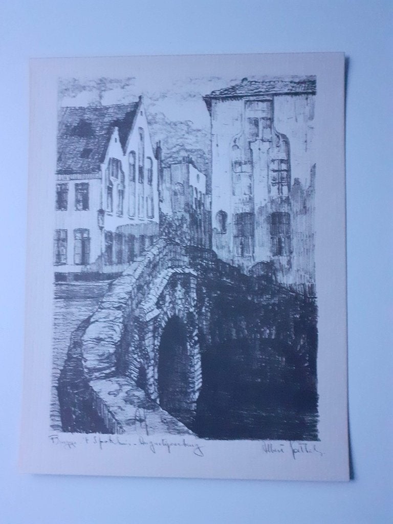 Ets Albert Goethals - 't Spookhuis - Augustijnenbrug, Antiek en Kunst, Ophalen, 30 cm, Stadsgezicht, 21 cm