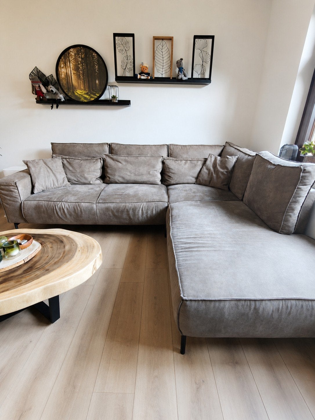 Mooie ruime hoekzetel / loungezetel – taupe grijs – zeer gez, Enlèvement, Comme neuf, Cuir, Tijdloos, modern, japandi, stoer, landelijk, industrieel