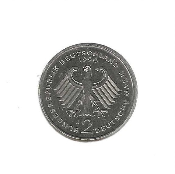 Duitsland, 2 Mark 1990 J, Ludwig Erhard., Postzegels en Munten, Munten | Europa | Niet-Euromunten, Ophalen of Verzenden, Duitsland