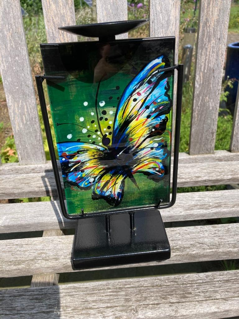 BUTTERFLY KANDELAAR GLAS NIEUW, Antiek en Kunst, Ophalen of Verzenden